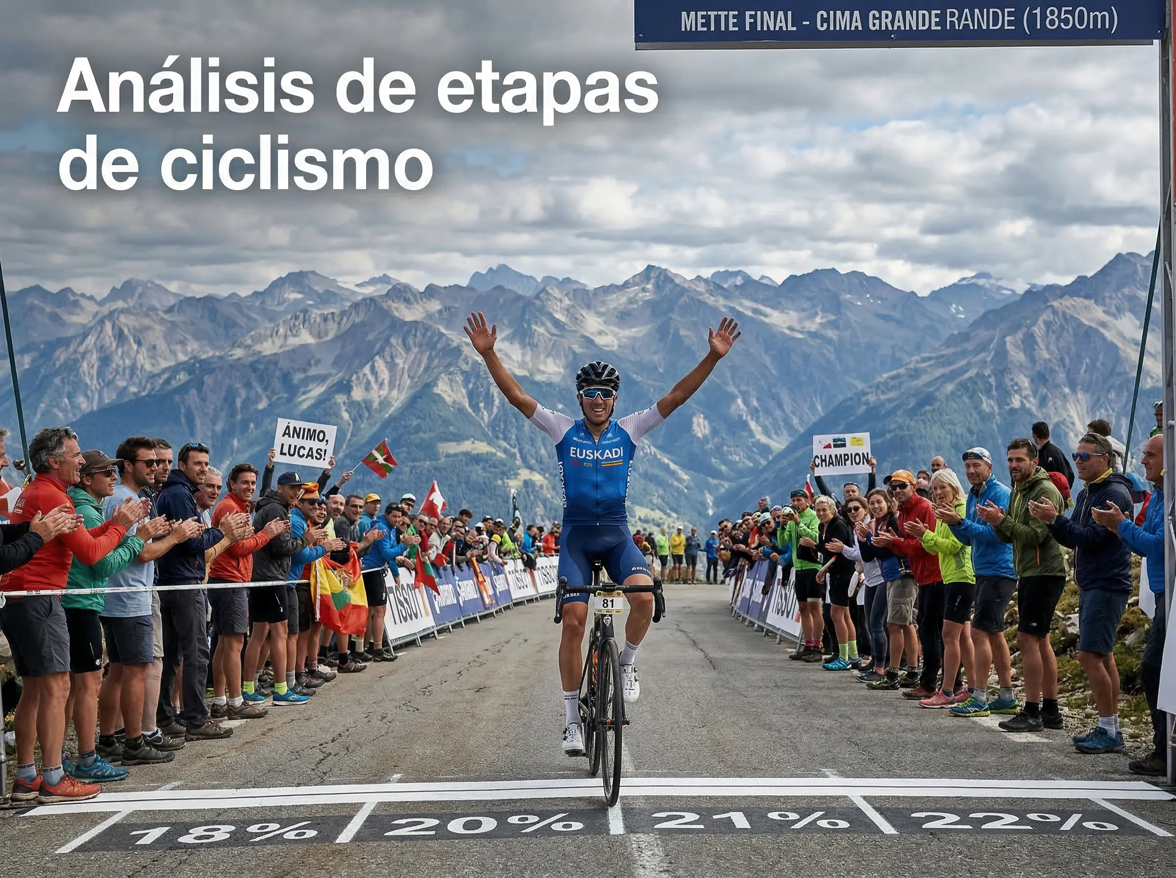 Perfil de etapa de montaña con ciclistas ascendiendo puerto de primera categoria