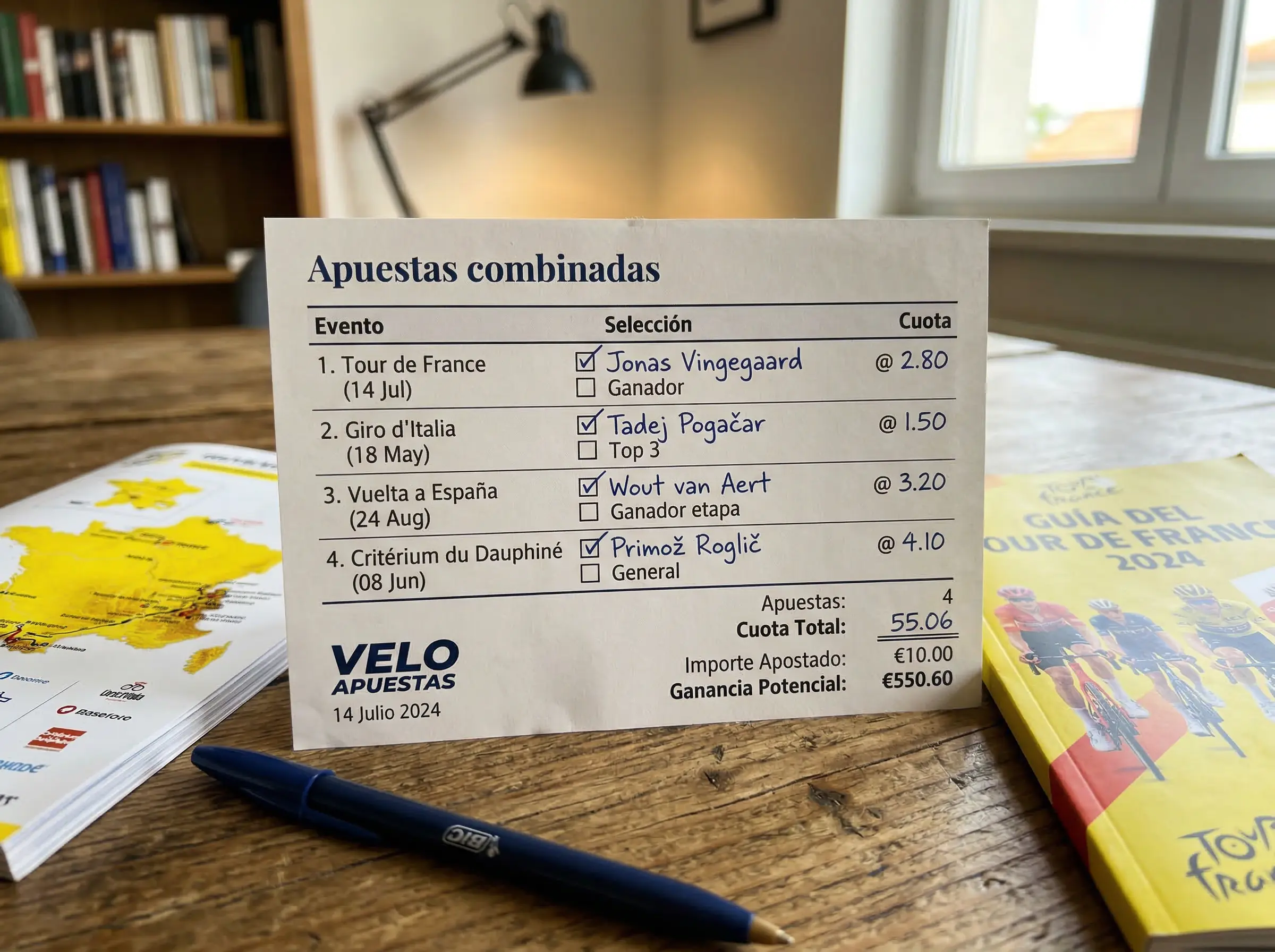 Boleta de apuesta combinada de ciclismo con varias selecciones y cuota acumulada en papel