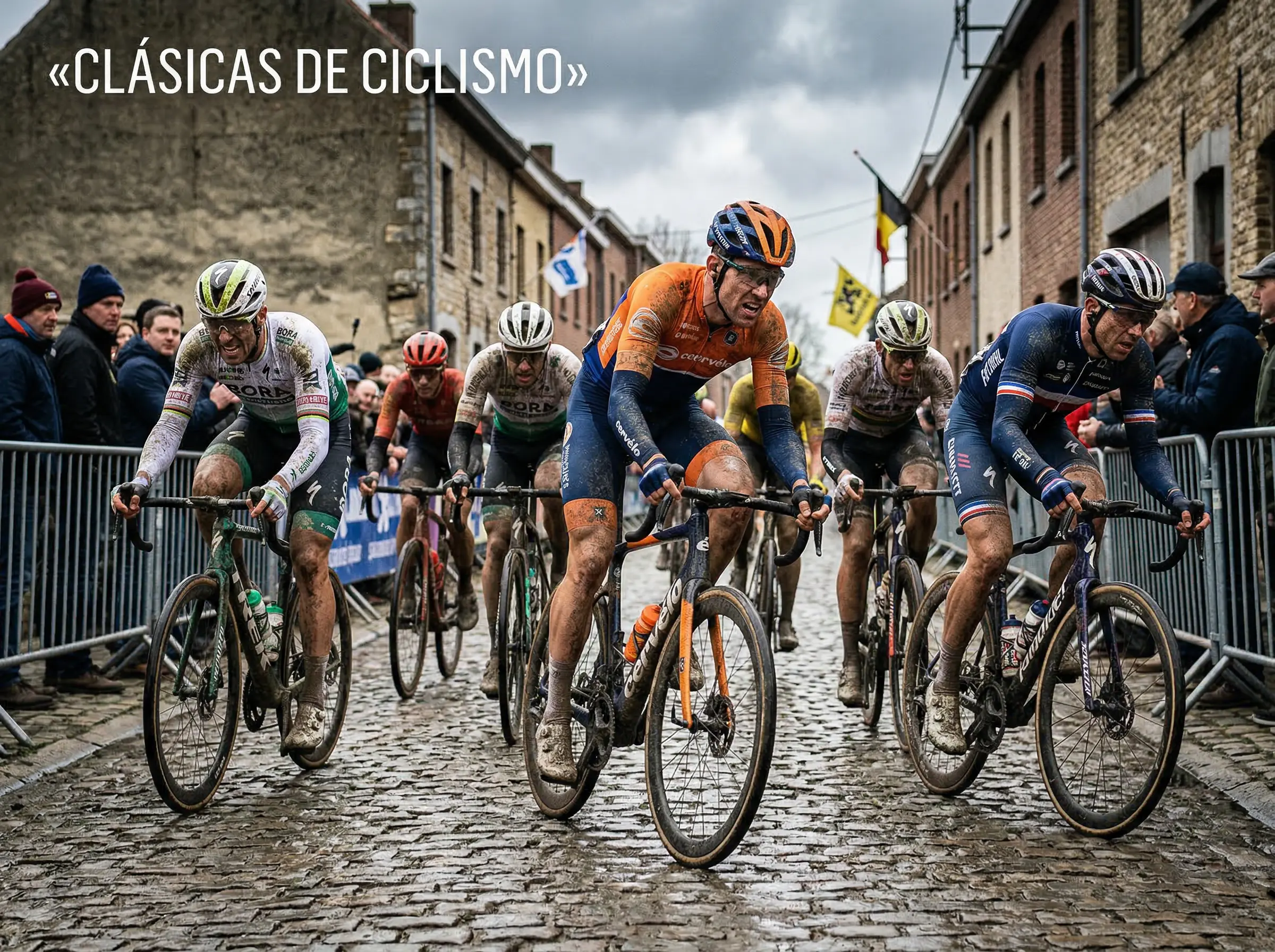 Ciclistas profesionales en pelotón recorriendo un tramo de adoquines en una clásica de ciclismo