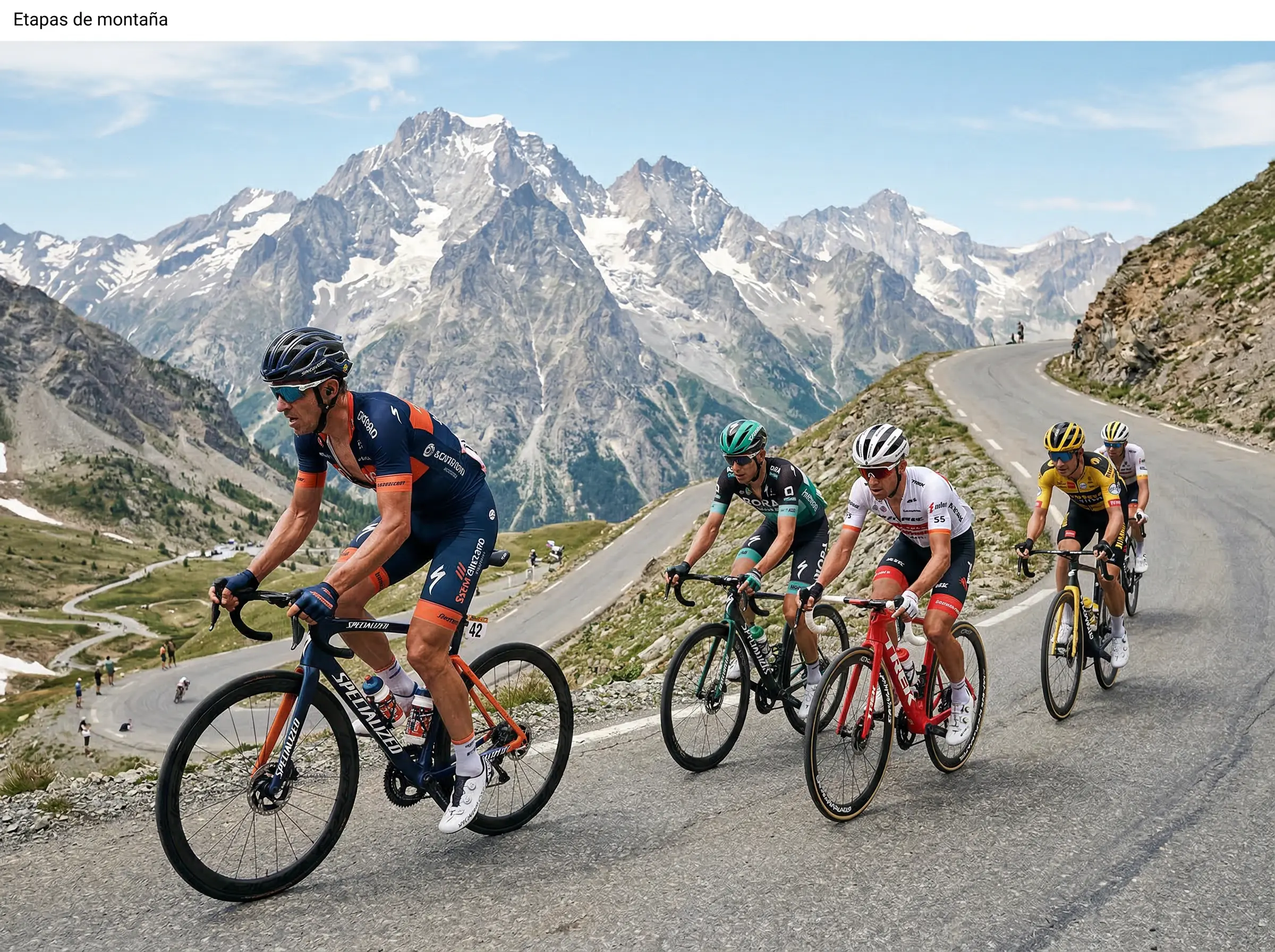 Ciclistas profesionales subiendo un puerto de alta montaña con paisaje alpino de fondo