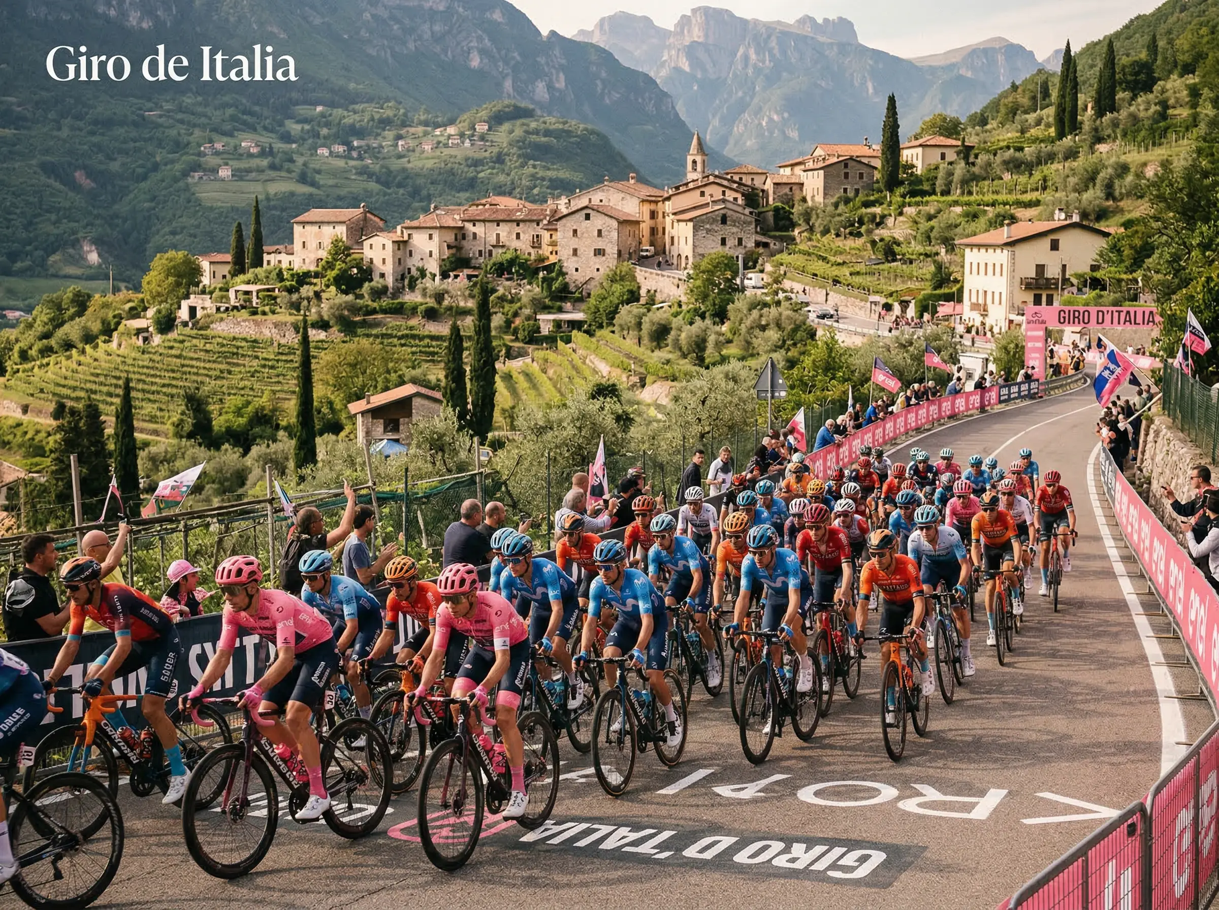 Pelotón del Giro de Italia recorriendo una carretera italiana con paisaje de montañas y pueblos