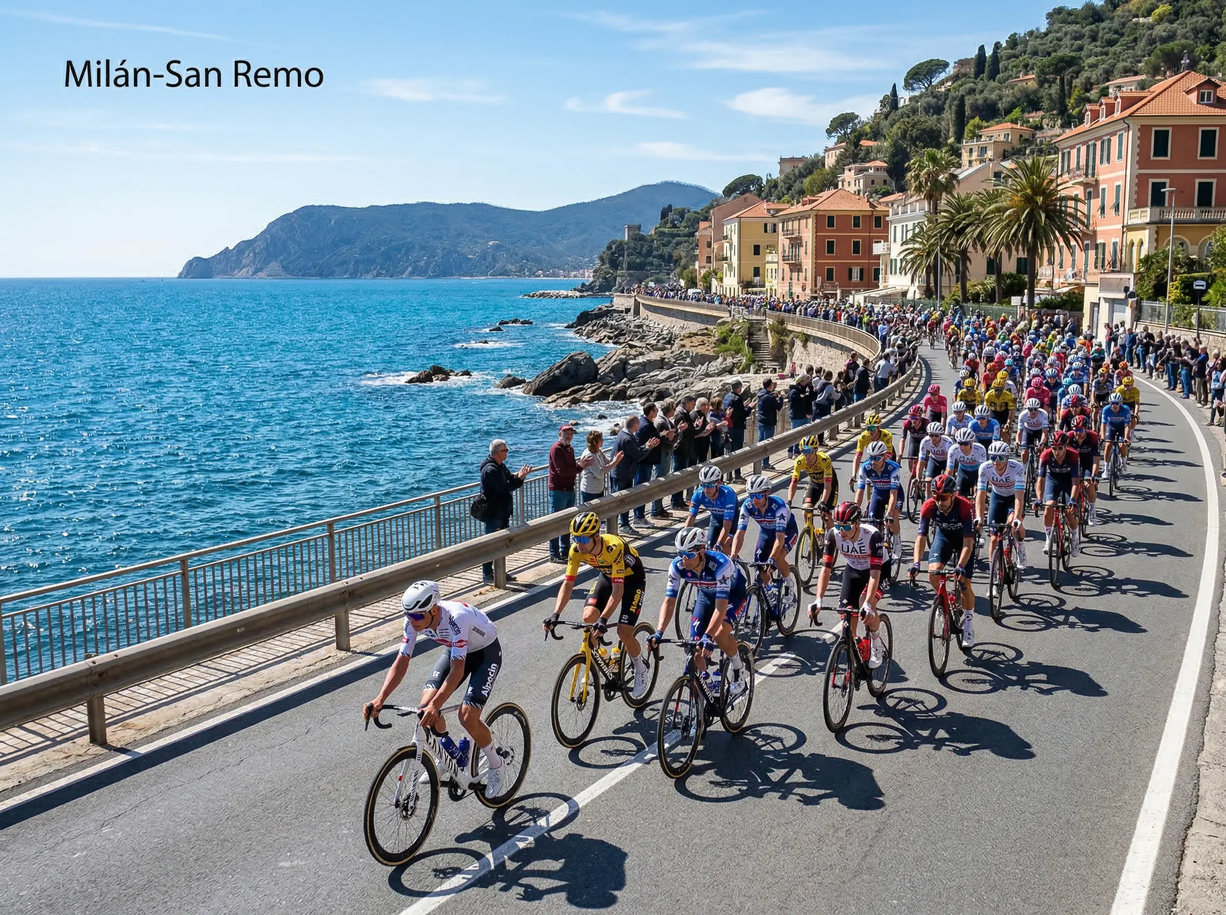 Pelotón de ciclismo profesional recorriendo la costa de Liguria durante la Milan-San Remo