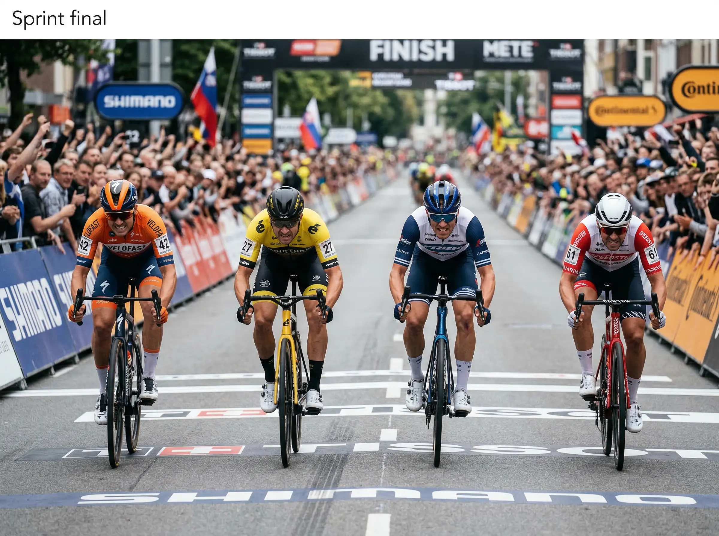 Sprint masivo de ciclismo profesional en llegada a meta con ciclistas en línea
