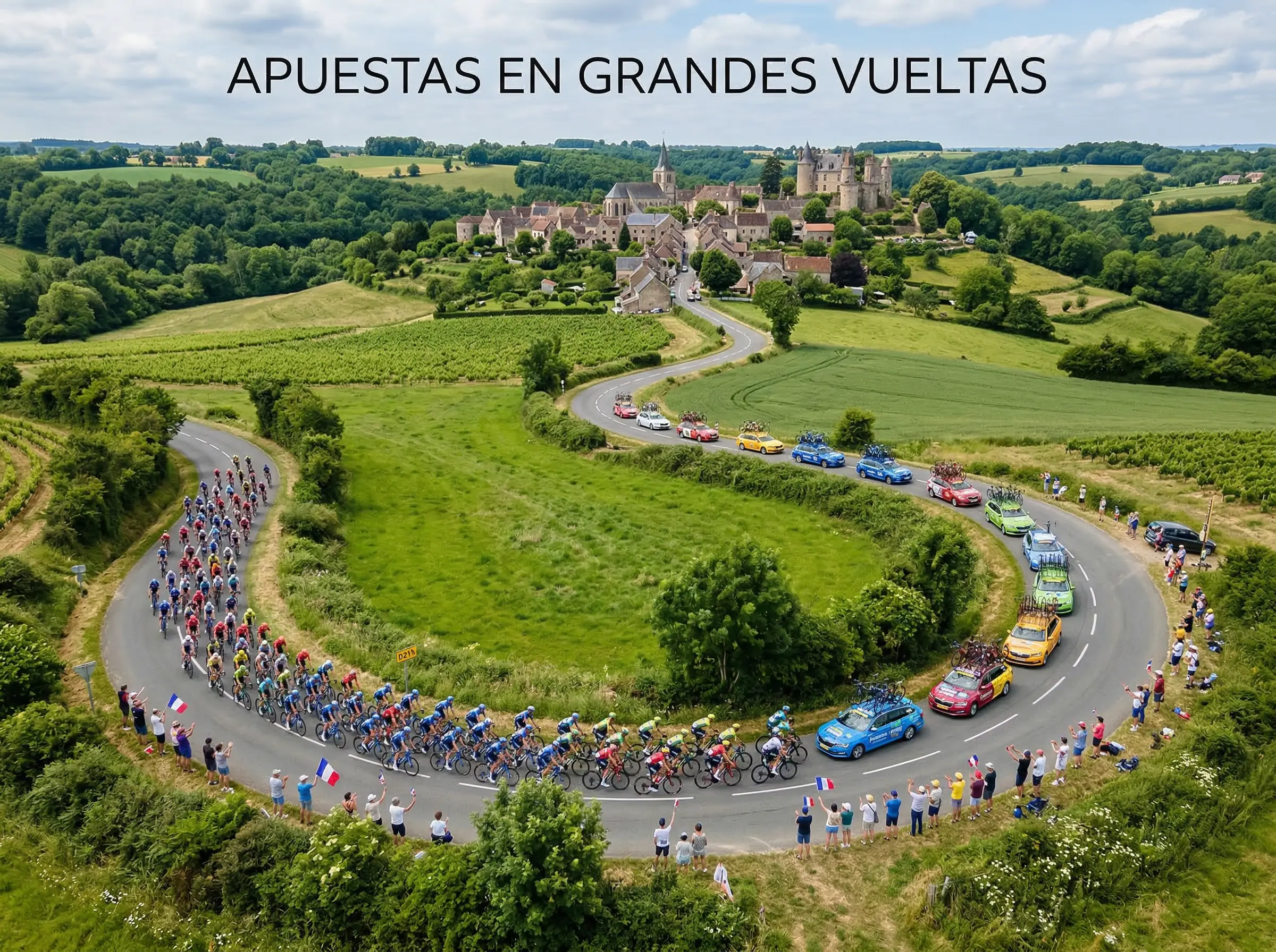 Peloton ciclista cruzando paisaje de montaña durante una gran vuelta con publico en la carretera