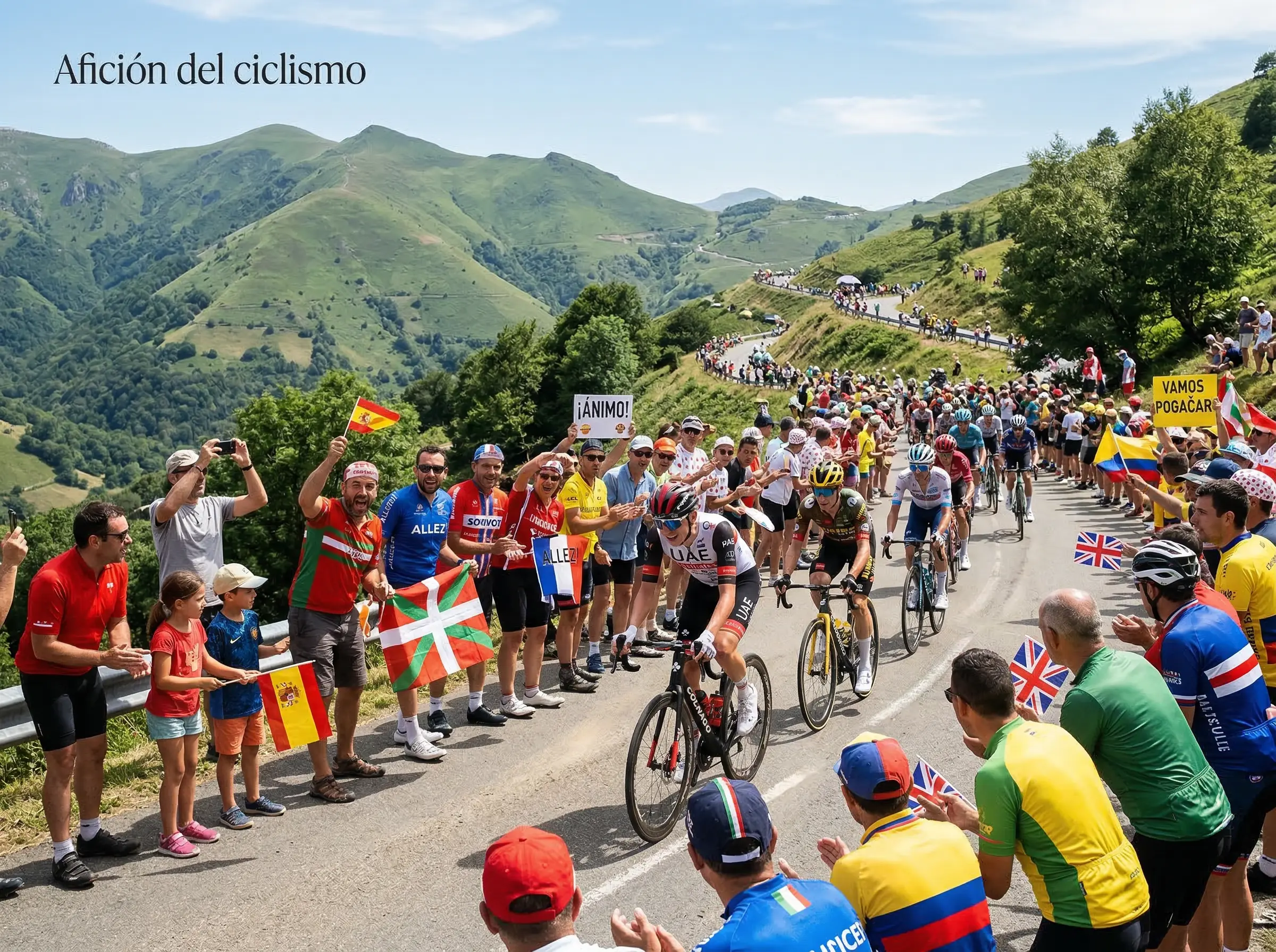 Multitud de espectadores viendo pasar el pelotón de ciclismo profesional en una etapa de montaña