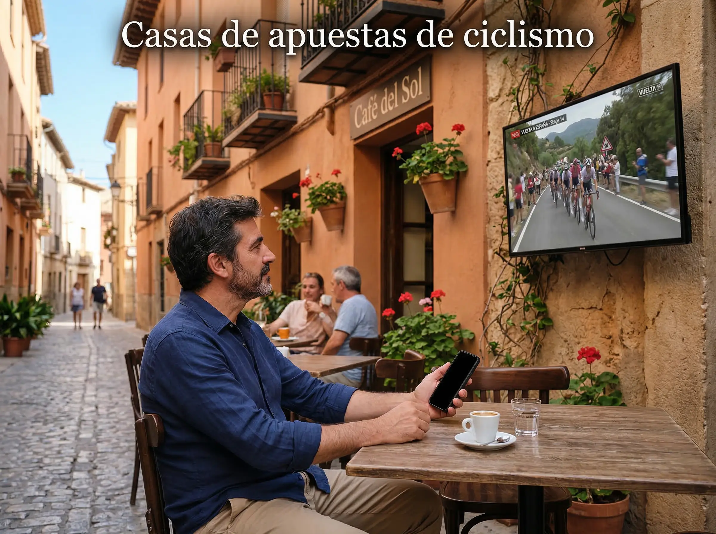 Aficionado siguiendo carrera ciclista en movil con peloton al fondo en paisaje español