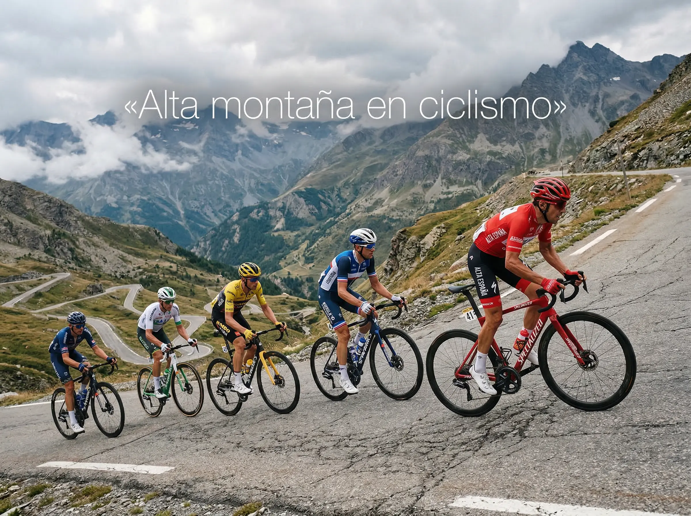Ciclistas escalando puerto de alta montana en etapa de gran vuelta con paisaje alpino
