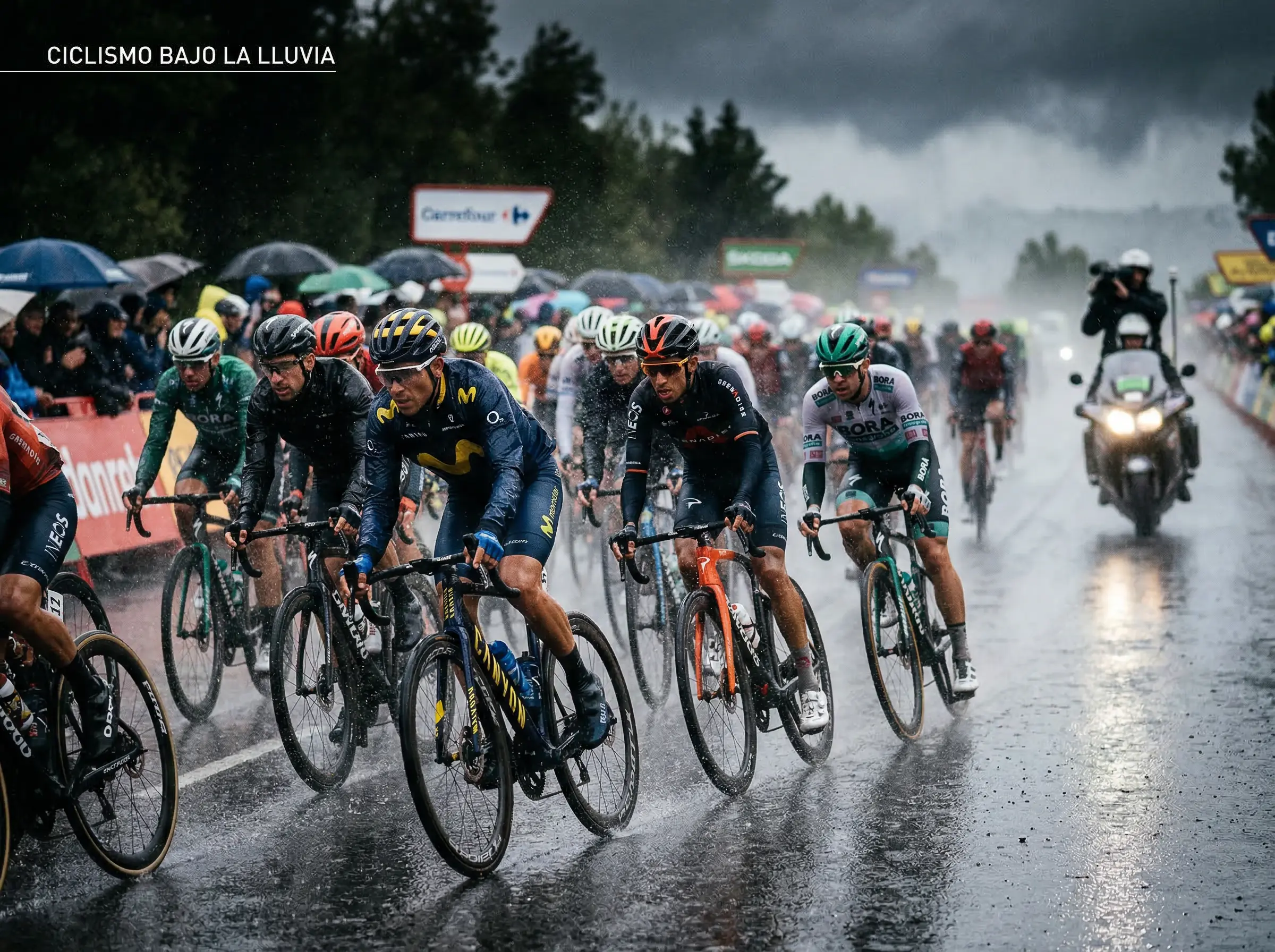 Pelotón de ciclismo profesional rodando bajo lluvia intensa en una etapa con pavimento mojado