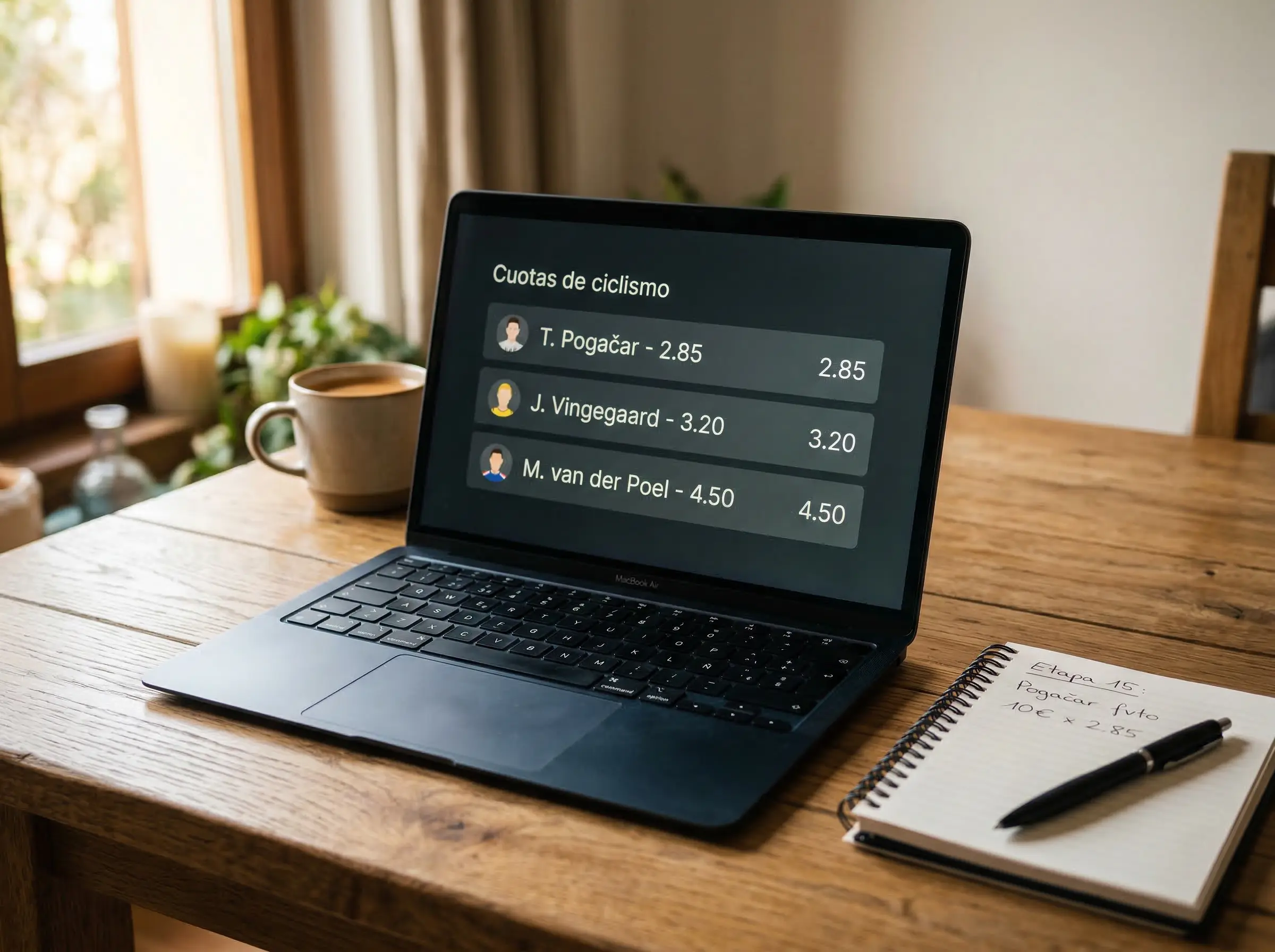 Pantalla de ordenador portátil mostrando cuotas de apuestas de ciclismo profesional
