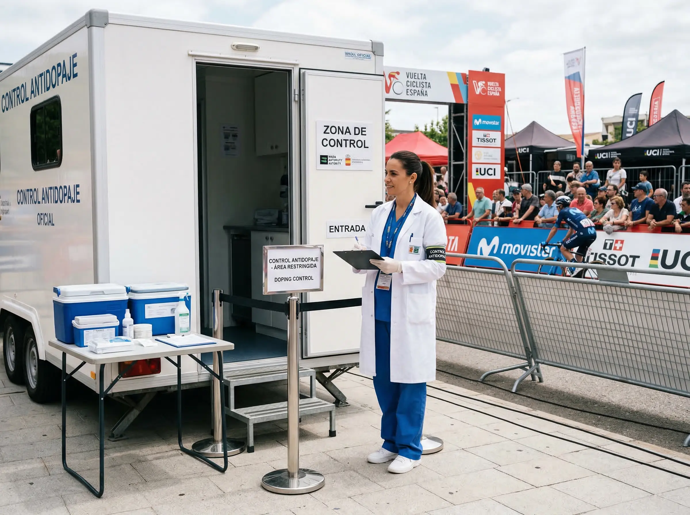 Control antidopaje en ciclismo profesional con equipo médico y material de laboratorio