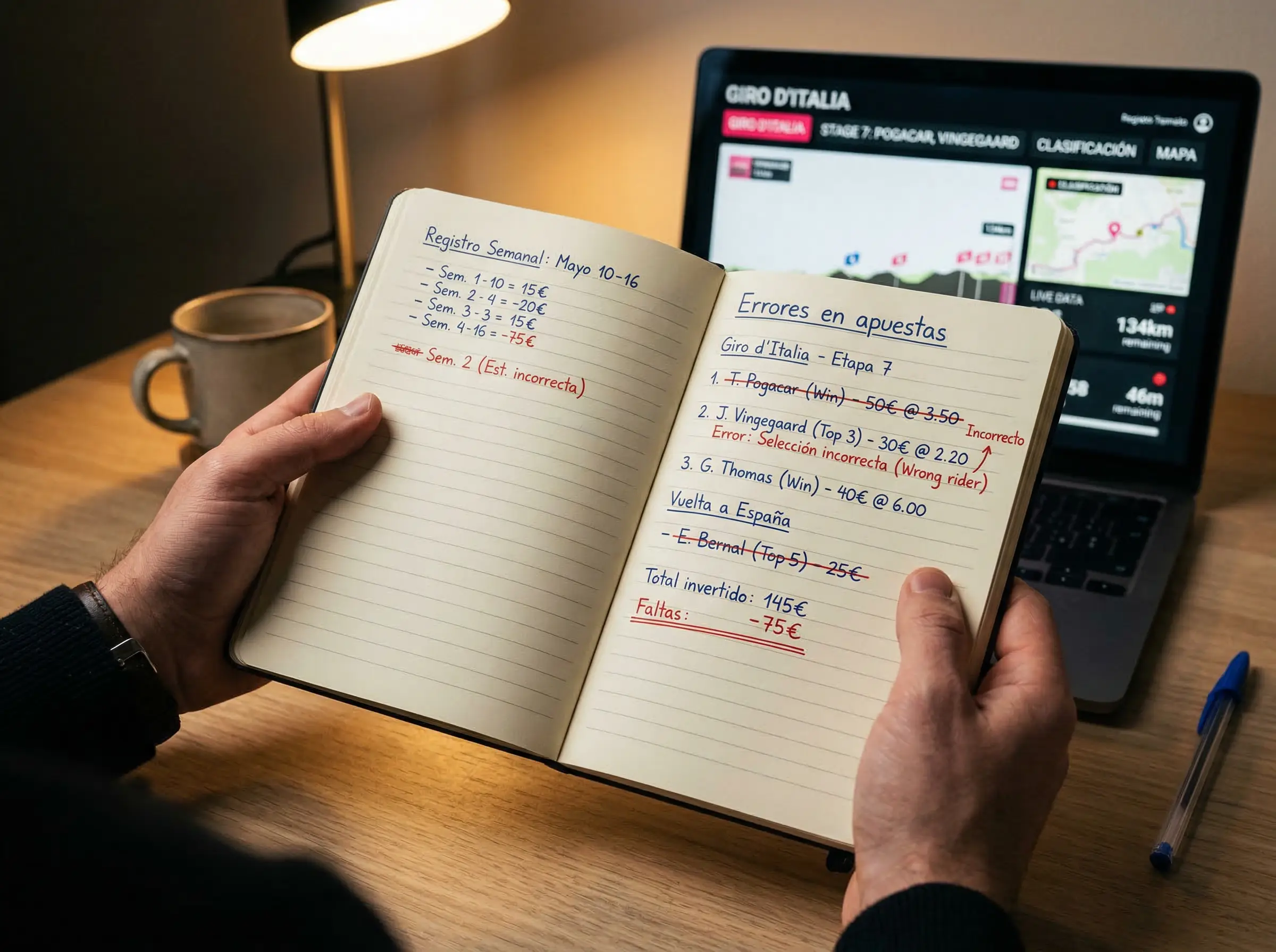 Persona revisando un cuaderno de registro de apuestas de ciclismo con anotaciones y correcciones