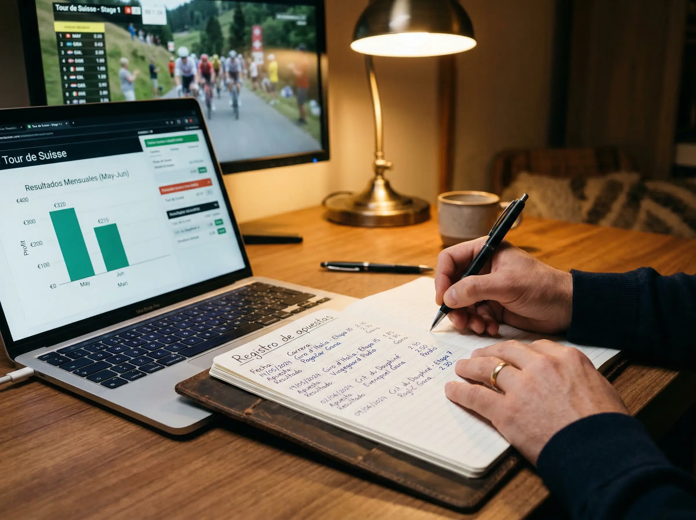 Cuaderno con registro de apuestas ciclistas junto a pantalla mostrando datos de rendimiento