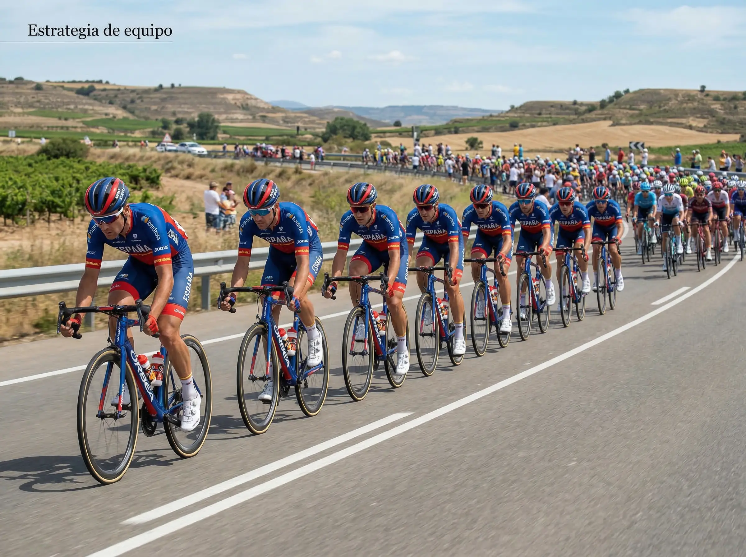 Equipo ciclista profesional en formación de tren tirando del pelotón en carretera