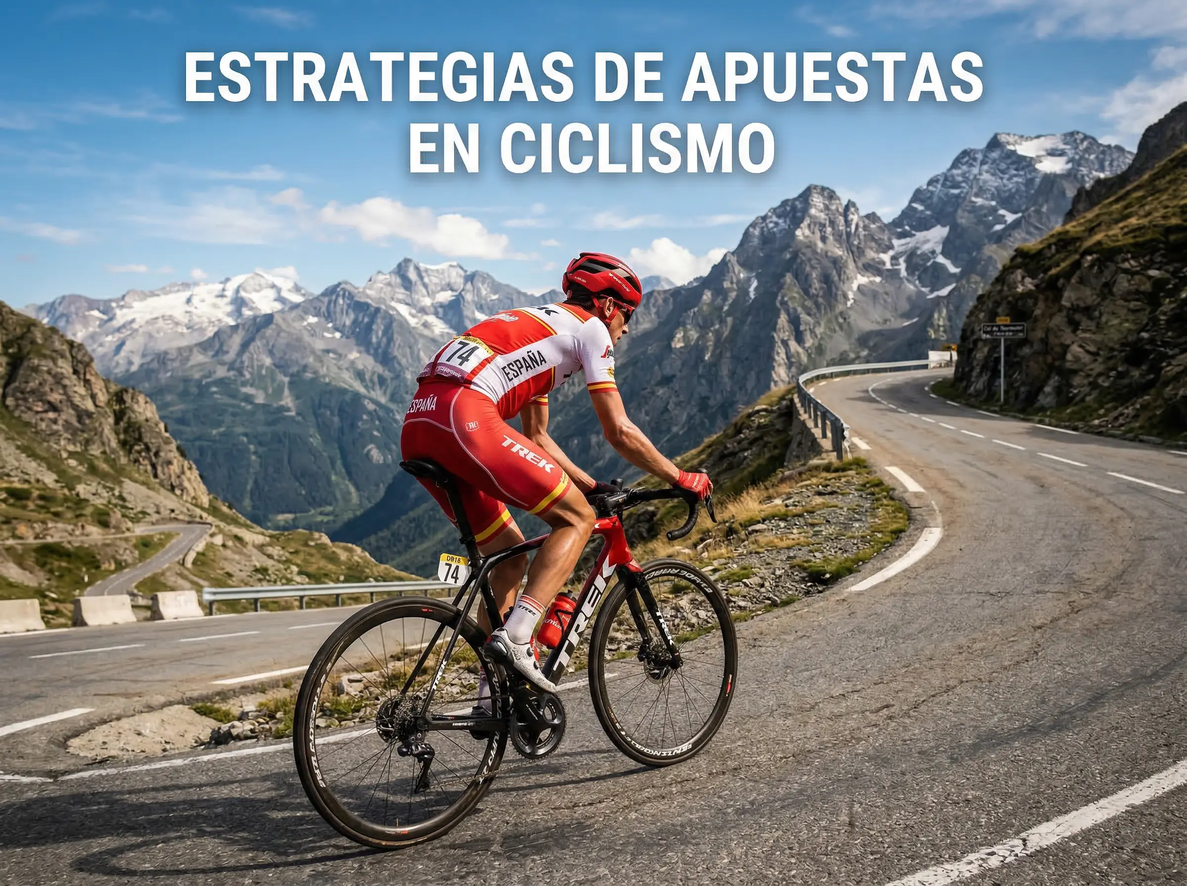 Ciclista profesional subiendo puerto de montaña con datos de potencia y paisaje de alta montaña