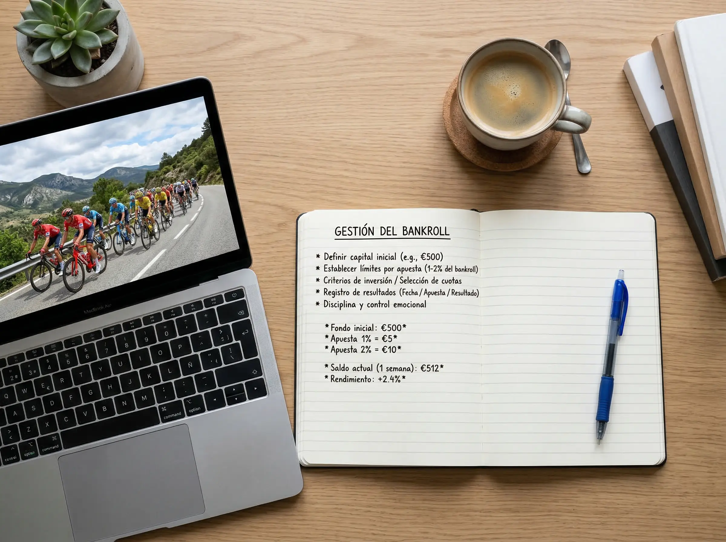 Cuaderno con plan de gestión de bankroll para apuestas de ciclismo junto a un portátil