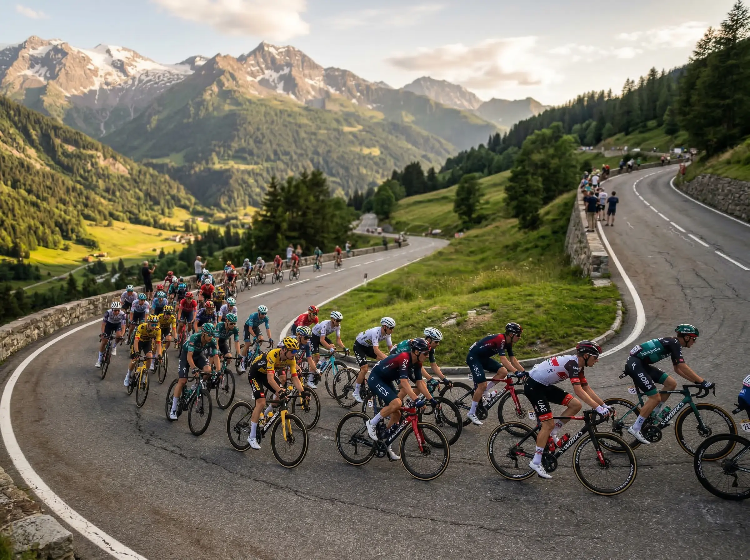 Peloton ciclista en carretera de montana durante etapa de gran vuelta
