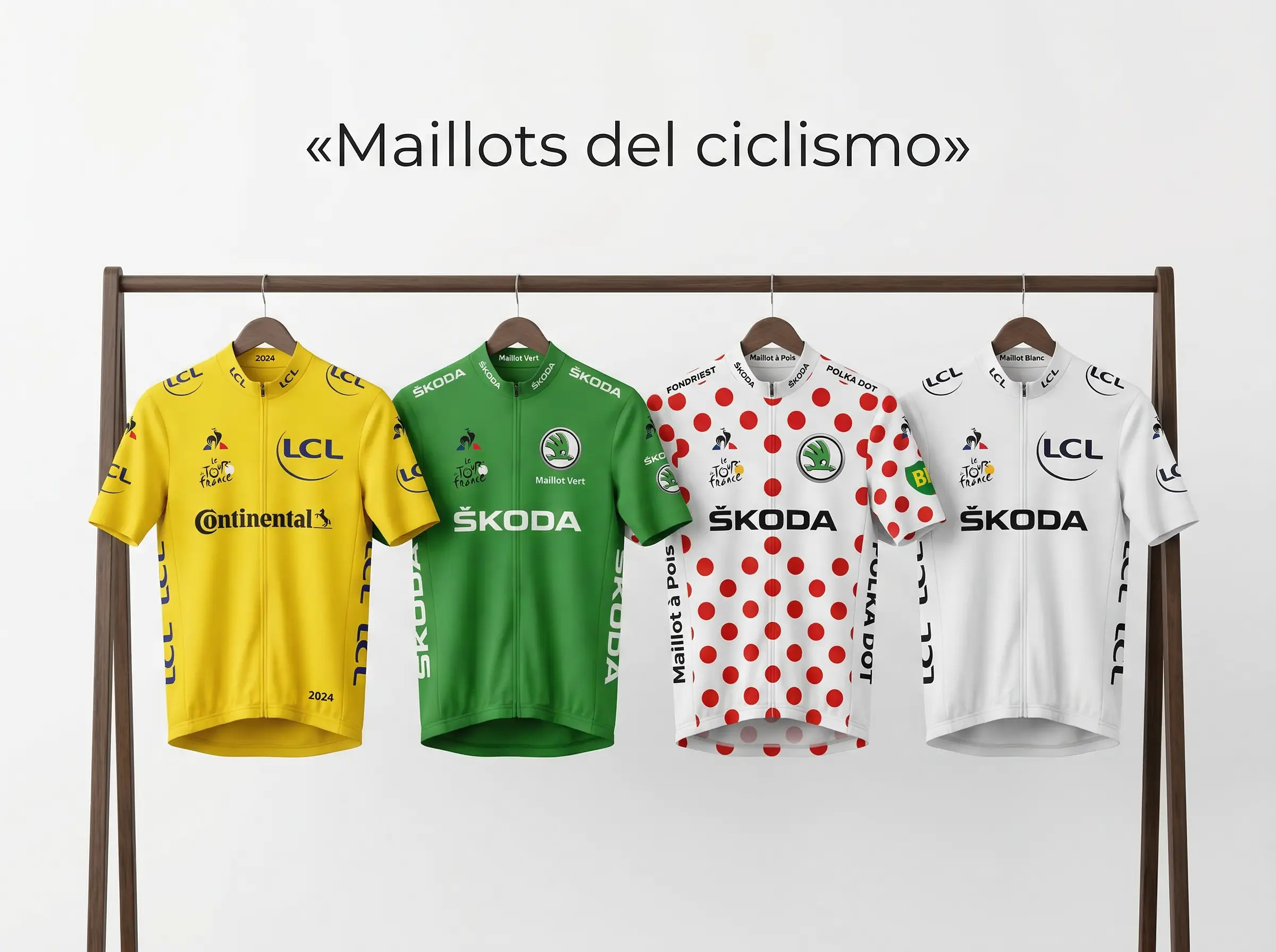 Cuatro maillots de ciclismo profesional - amarillo, verde, lunares y blanco - colgados en fila