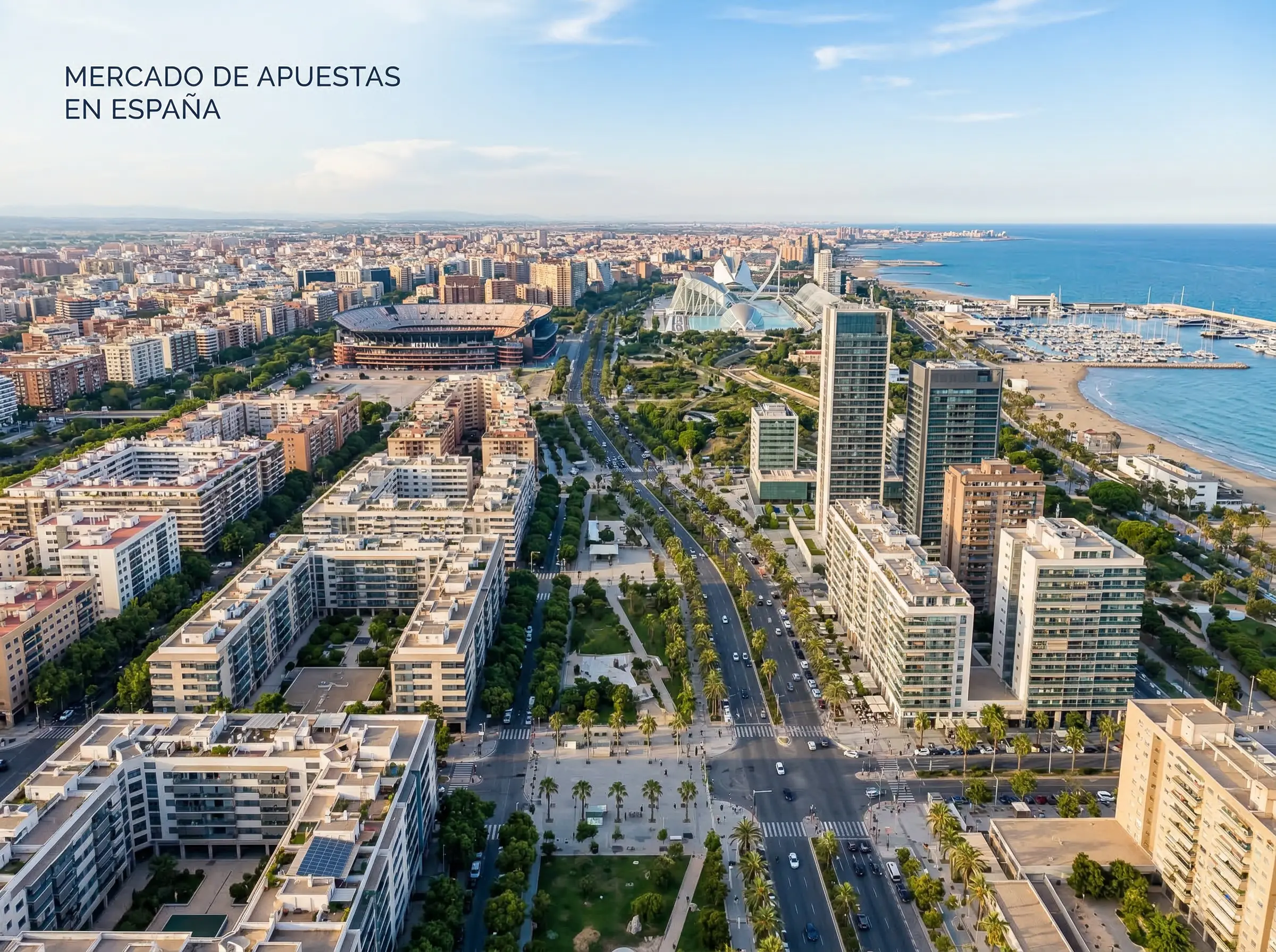 Vista aérea de una ciudad española moderna representando el mercado de apuestas deportivas en España