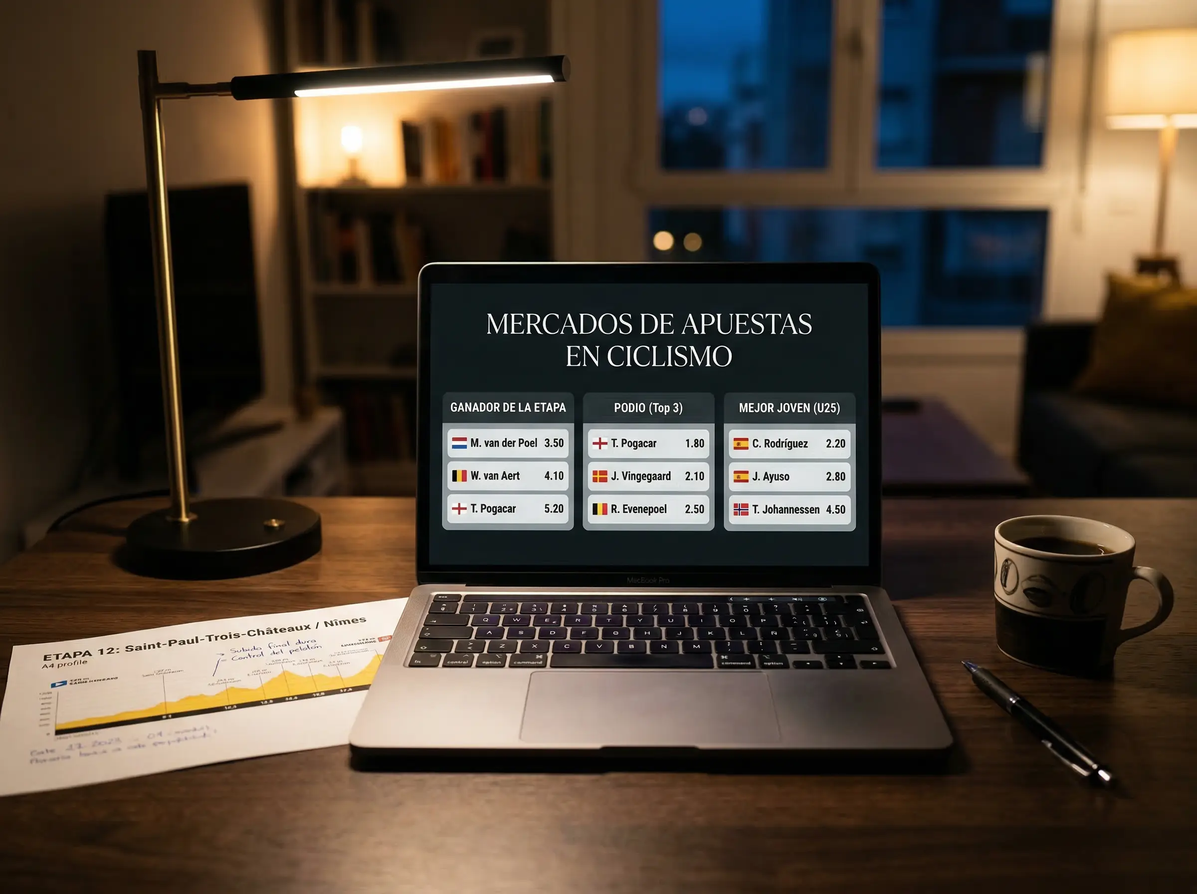Pantalla de ordenador mostrando cuotas y mercados de apuestas de ciclismo