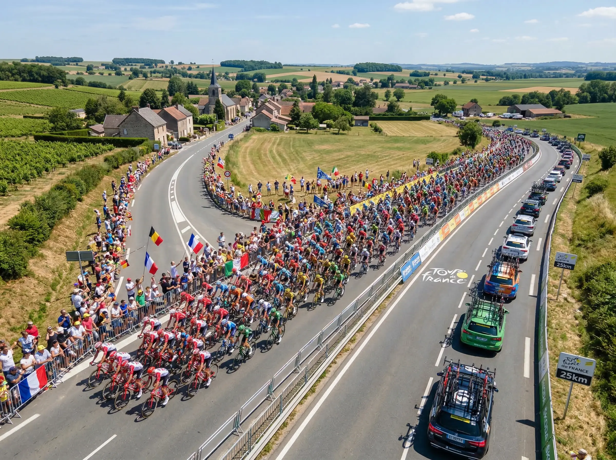 Peloton de ciclistas profesionales rodando en carretera durante etapa de gran vuelta