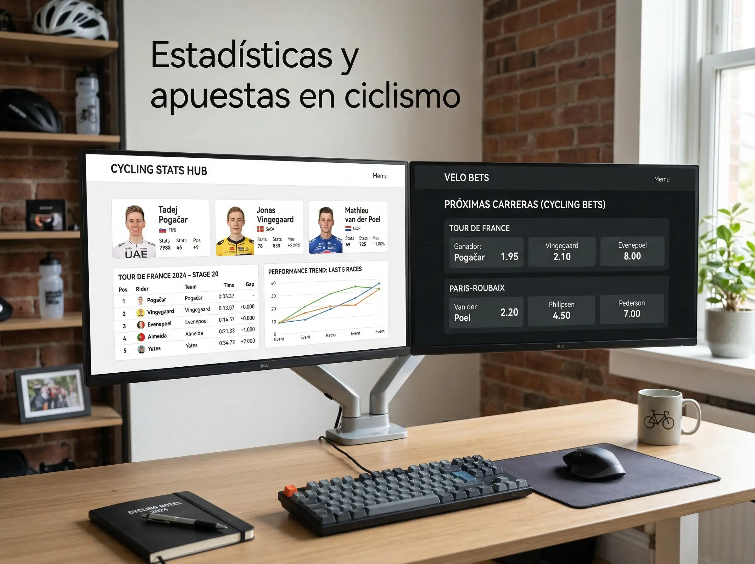 Pantalla de ordenador con datos estadísticos de ciclismo profesional para análisis de apuestas