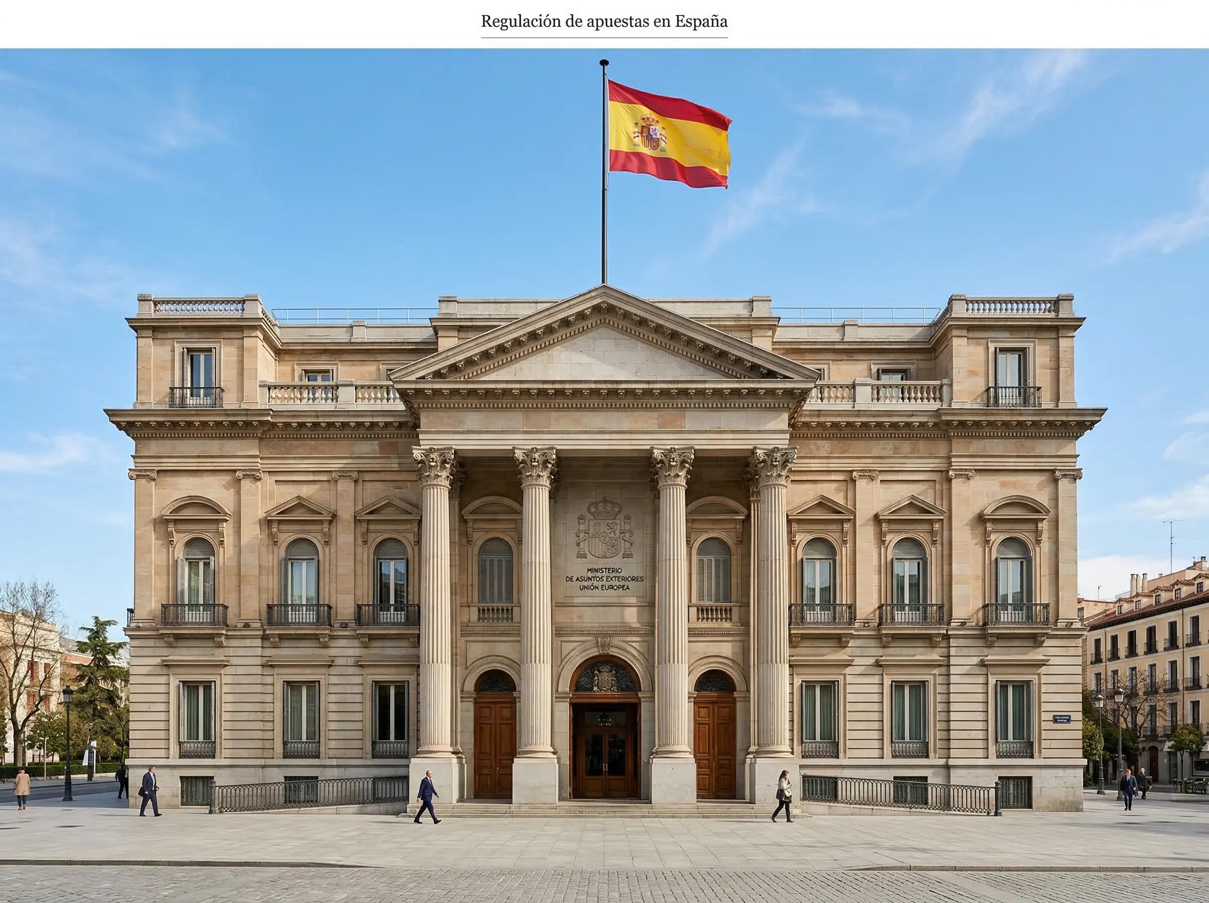Edificio institucional español con bandera de España representando la regulación del juego online