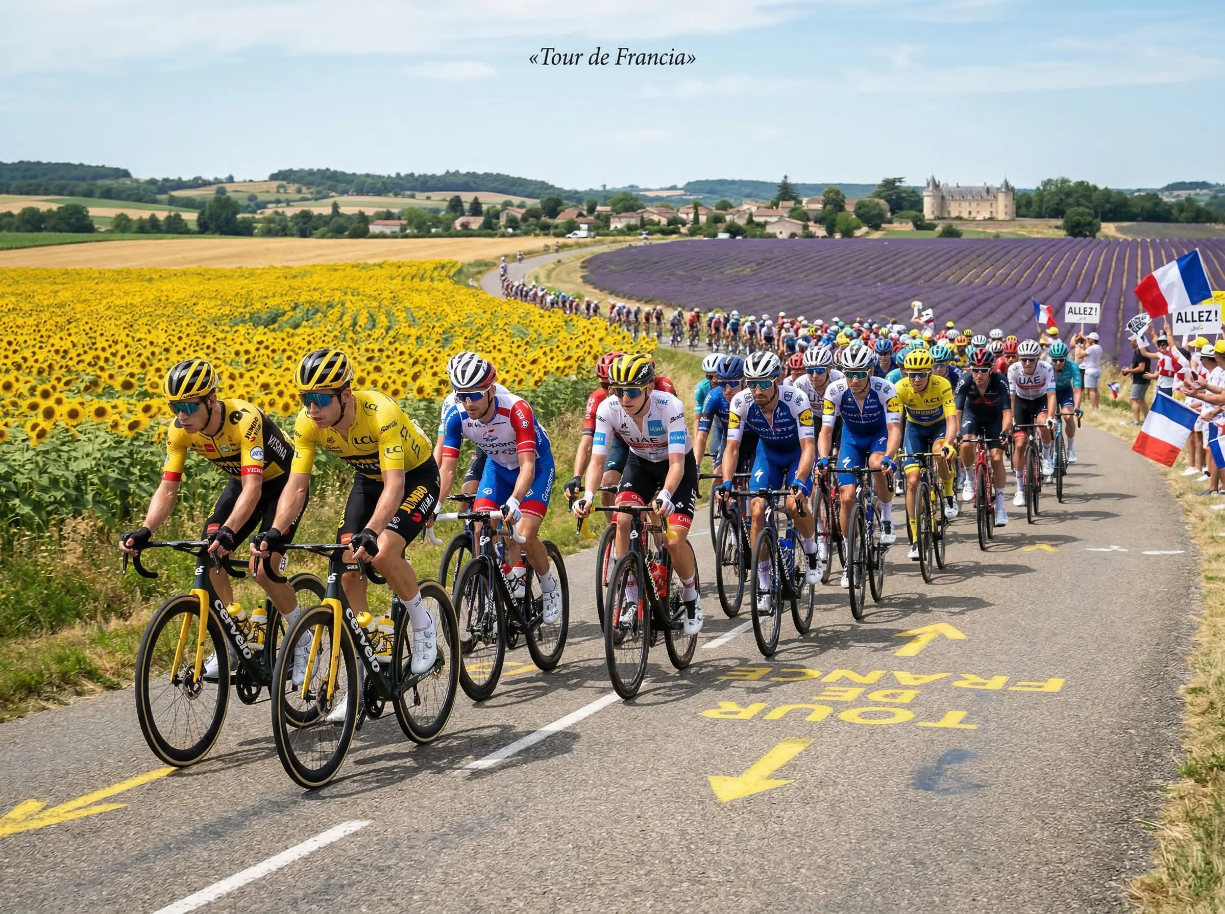 Pelotón del Tour de Francia recorriendo una carretera francesa con campos de lavanda y girasoles