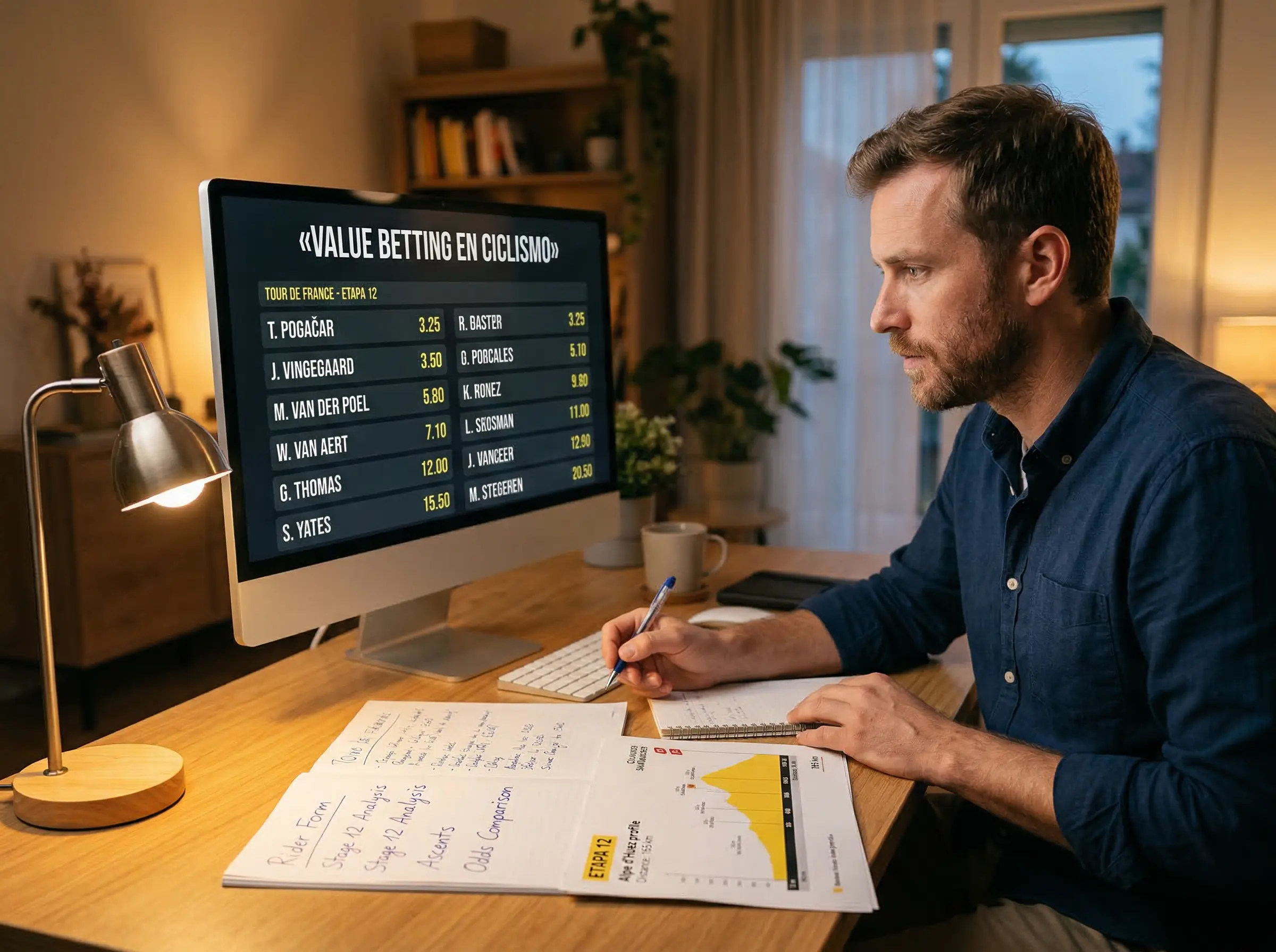Analista de apuestas de ciclismo comparando cuotas en pantalla de ordenador con notas
